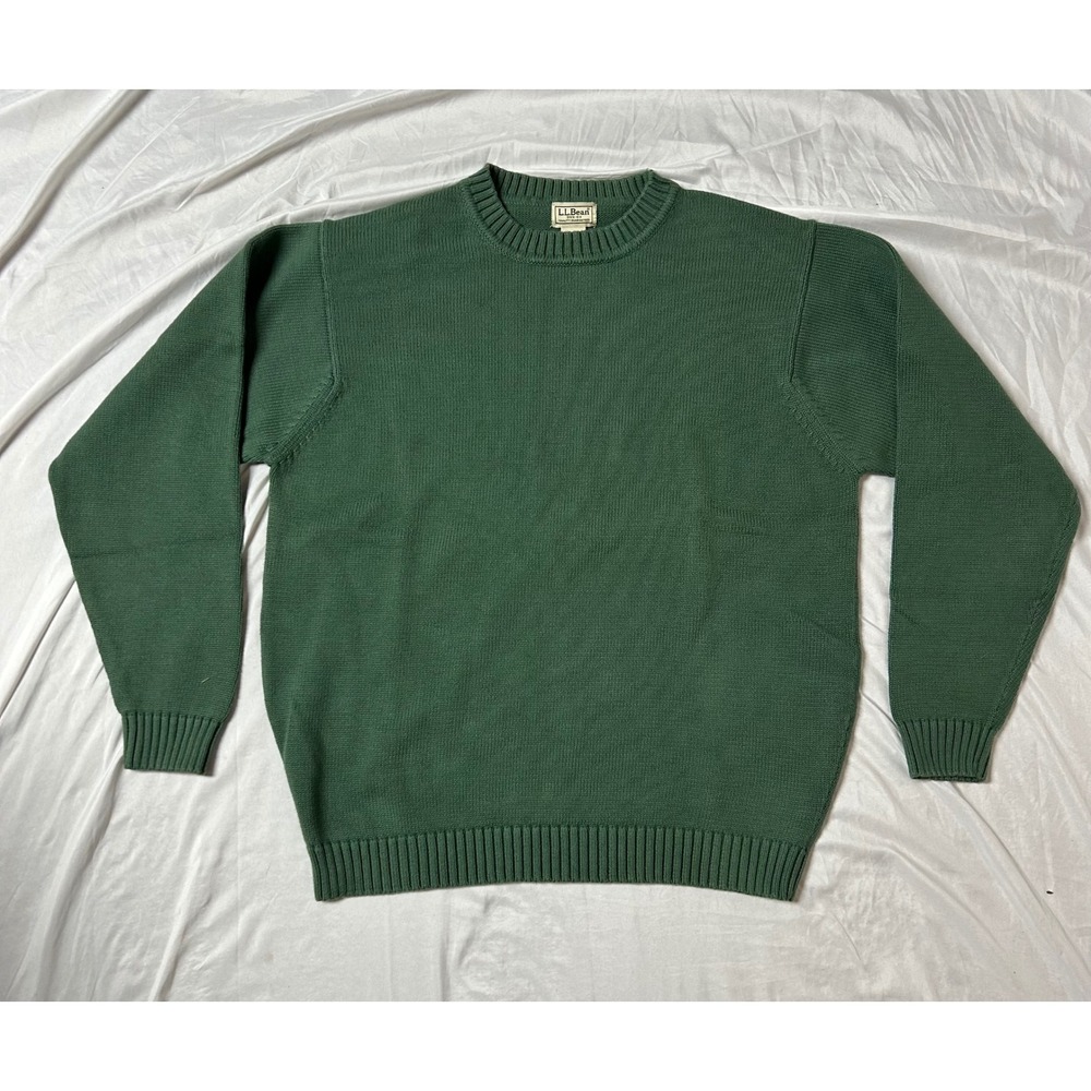 LL Bean Vintage Mens LTall Green Cotton Crewneck Sweater Ribbed Knit Pullover